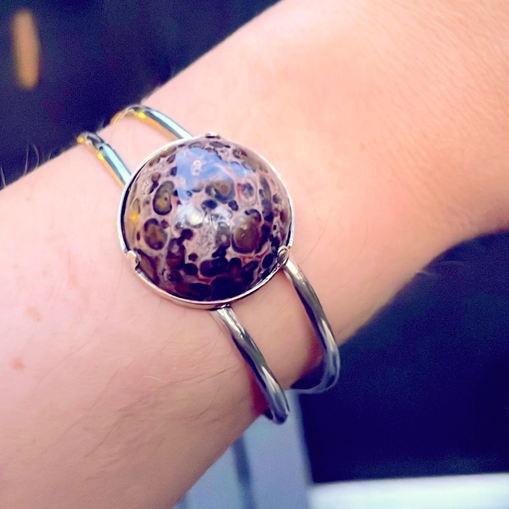 925 Sterling Silver & Pink Natural Jasper Stone Adjustable Bangle Boho Bracelet